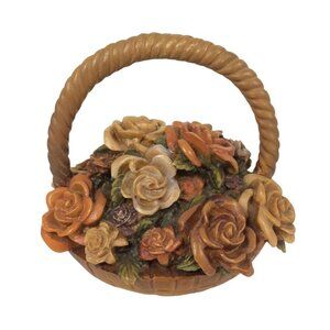 Vintage Mid-Century Carved Composite Wood Flower Basket Figurine Detailed Roses